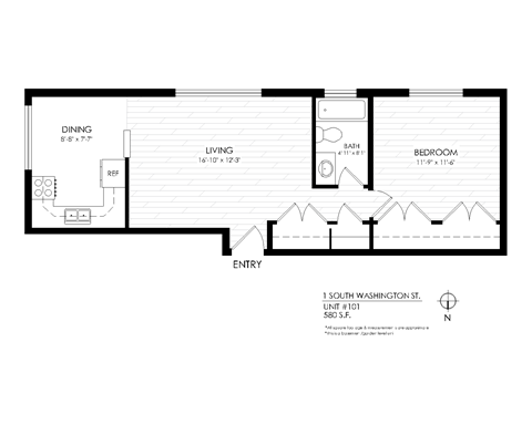 Floor plan for 1 bed, 1 bath, 580 sqft
